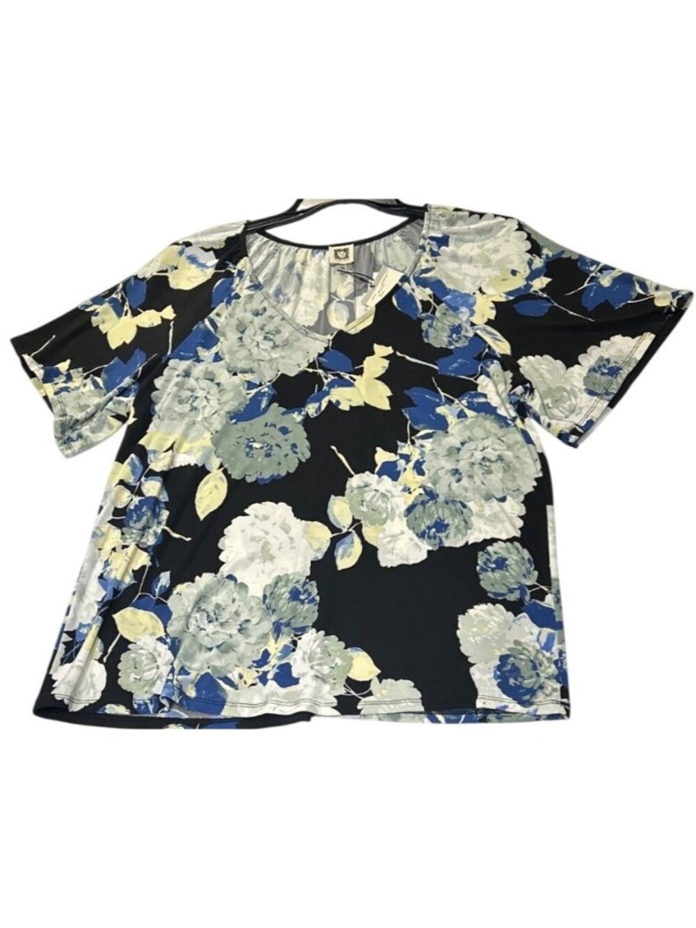 Anne Klein Womens 1X Black Multi Floral Knit Top With V-Neckline